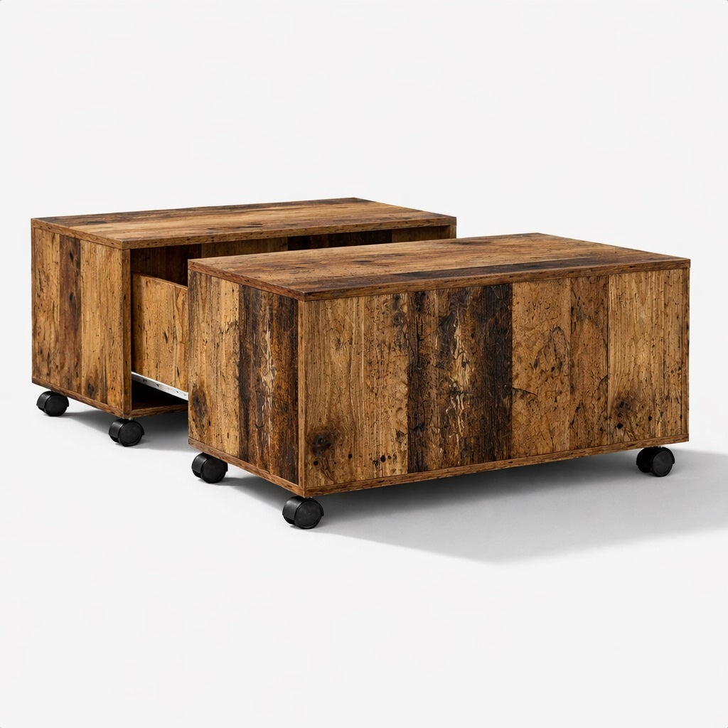 Table basse en bois modulable avec rangement intégré et roulettes, solution pratique et élégante pour salon.