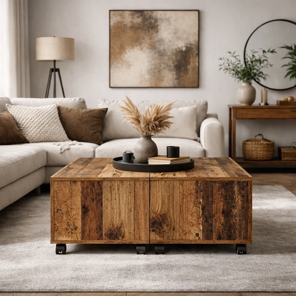 Table basse en bois au caractère industriel et chaleureux, mise en scène dans un salon moderne et naturel.