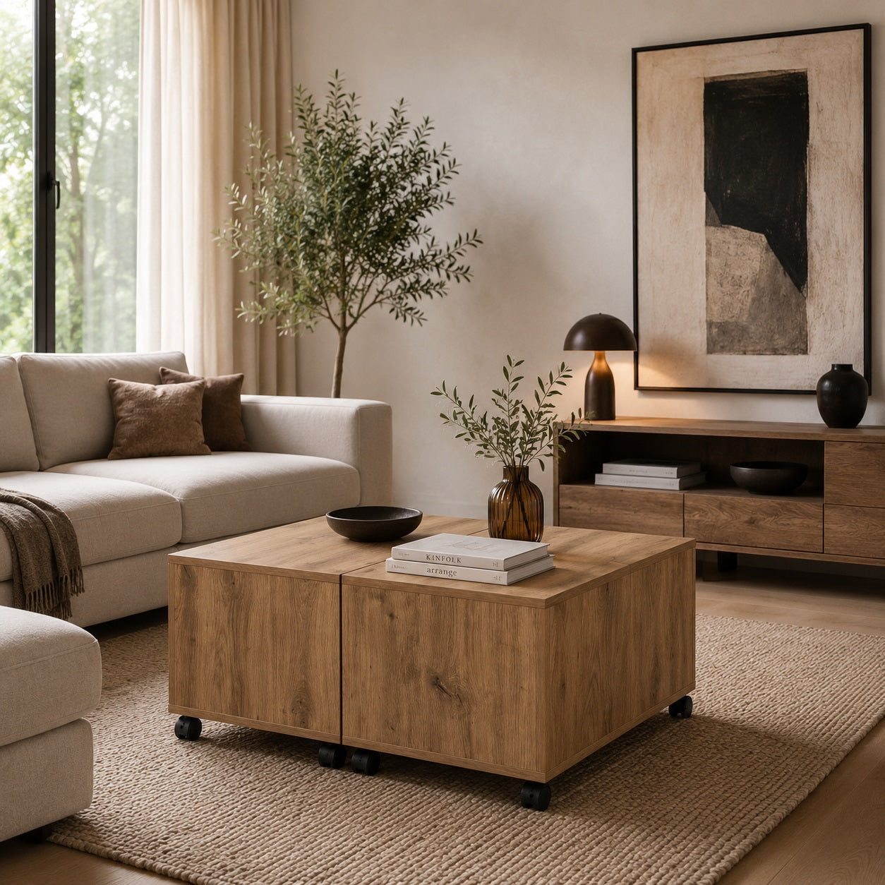 Table basse carrée bois effet chêne dans salon moderne avec canapé beige et décoration chaleureuse