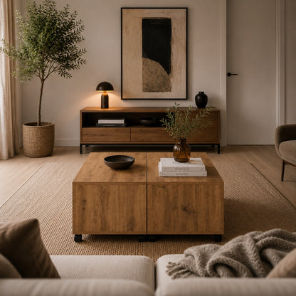 Table basse bois foncé style contemporain dans salon élégant avec meuble TV assorti et lumière tamisée