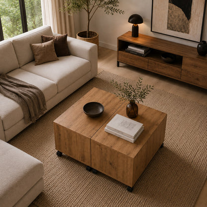 Vue plongeante sur table basse carrée bois avec roulettes dans salon moderne au style naturel chaleureux