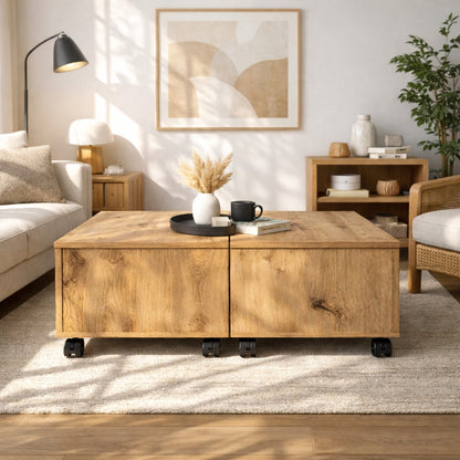 Table basse en bois clair au style contemporain, intégrée dans un salon lumineux et chaleureux.