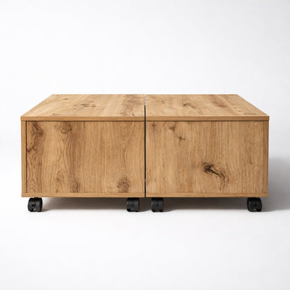 Table basse en bois avec structure cubique et roulettes, meuble fonctionnel et esthétique pour table basse de salon.