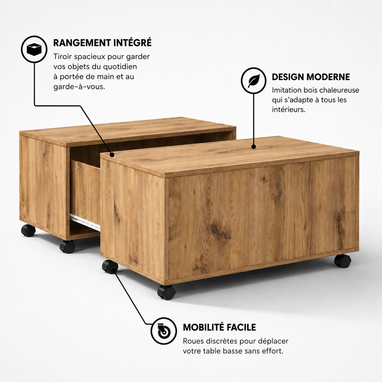 Table basse bois avec rangement intégré et roulettes discrètes au design moderne imitation chêne naturel