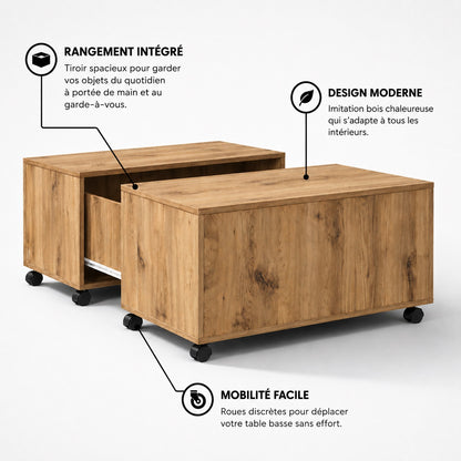 Table basse bois avec rangement intégré et roulettes discrètes au design moderne imitation chêne naturel