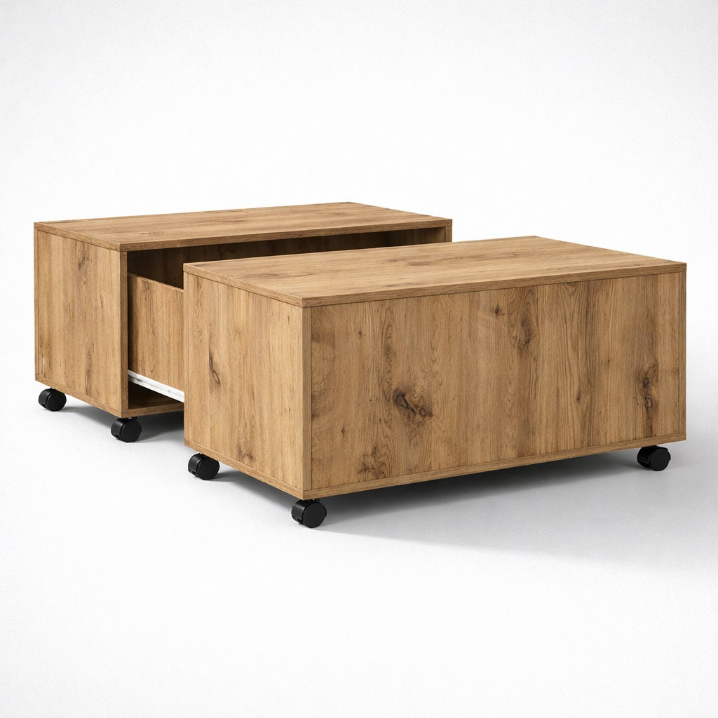 Table basse en bois modulable avec rangement intégré et roulettes, solution pratique pour table basse de salon.