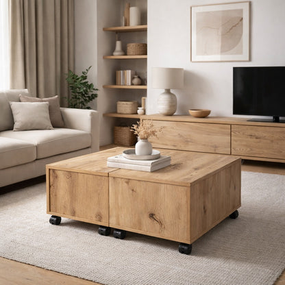 Table basse en bois au design cubique et épuré, intégrée dans un intérieur lumineux, table basse de salon moderne.