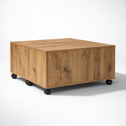 Table basse en bois finition chêne artisanal, lignes épurées et design cubique pour table basse de salon.