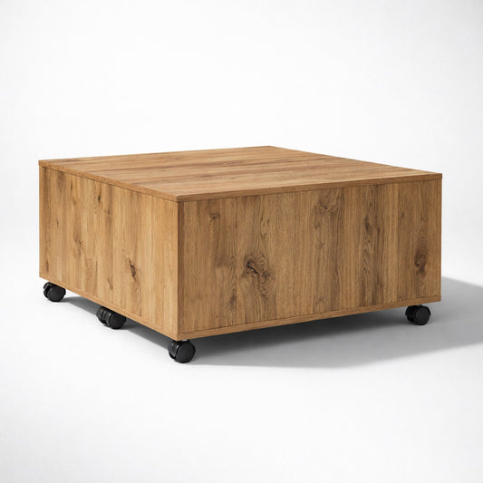 Table basse en bois finition chêne artisanal, lignes épurées et design cubique pour table basse de salon.