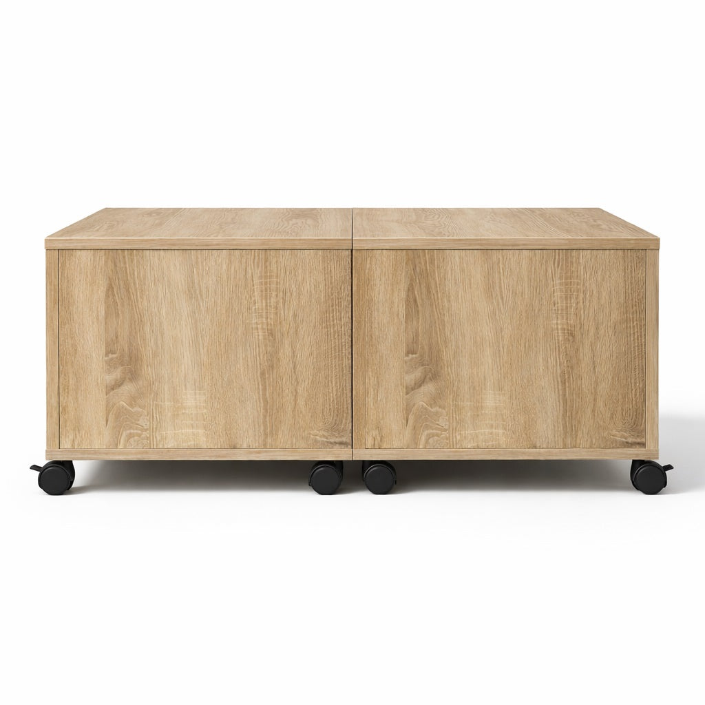 Table basse en bois rectangulaire avec structure cubique et roulettes, meuble fonctionnel pour table basse de salon.