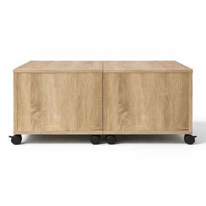 Table basse en bois rectangulaire avec structure cubique et roulettes, meuble fonctionnel pour table basse de salon.