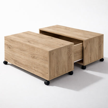 Table basse en bois avec rangement coulissant et roulettes, table basse de salon pratique et modulable.