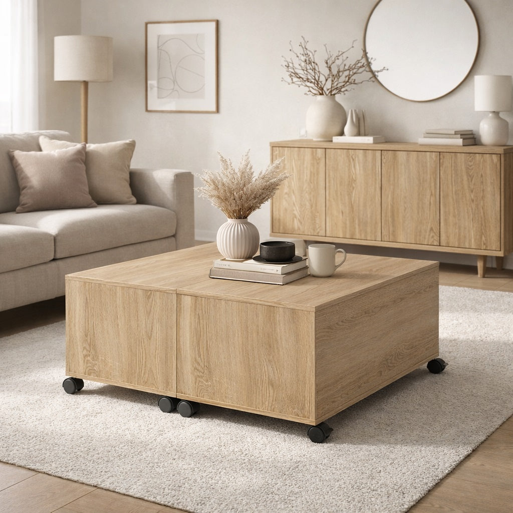 Table basse en bois clair au style contemporain, mise en scène dans un salon chaleureux et naturel.