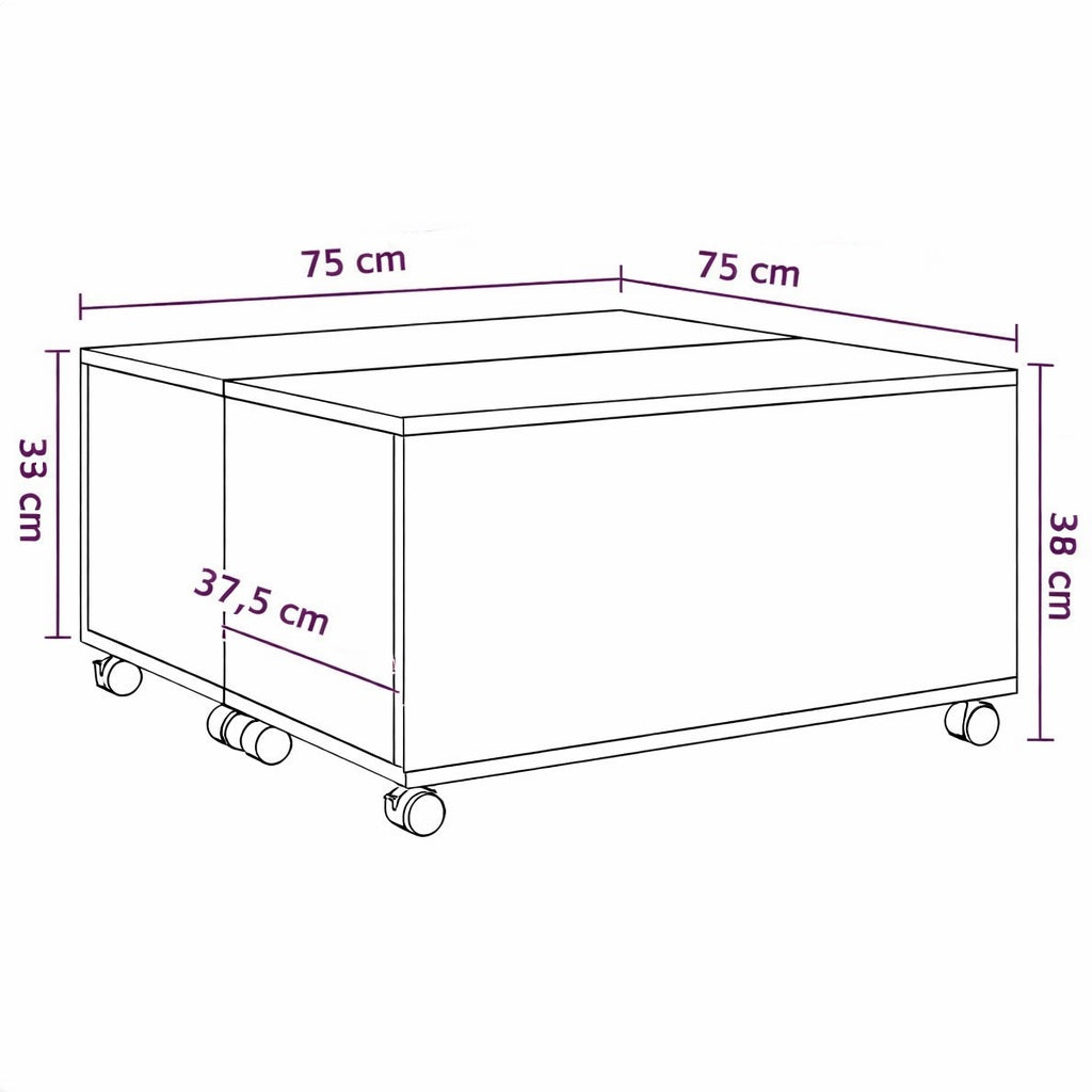 Schéma des dimensions de la table basse en bois sur roulettes, format carré idéal pour table basse de salon.