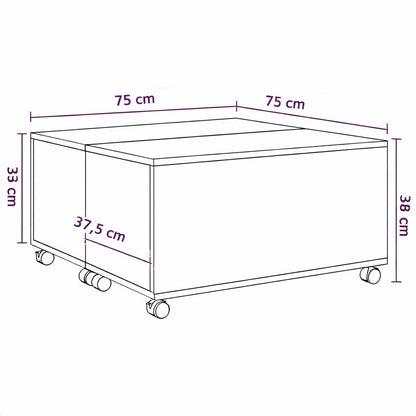 Schéma des dimensions de la table basse en bois sur roulettes, format carré idéal pour table basse de salon.