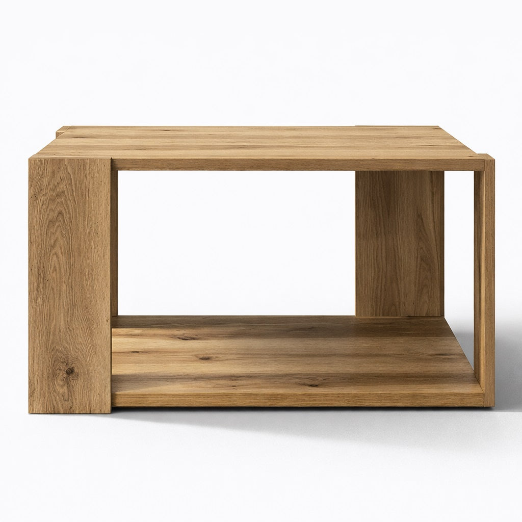 Table basse en bois rectangulaire avec structure ouverte et plateau épais, idéale pour un salon contemporain.