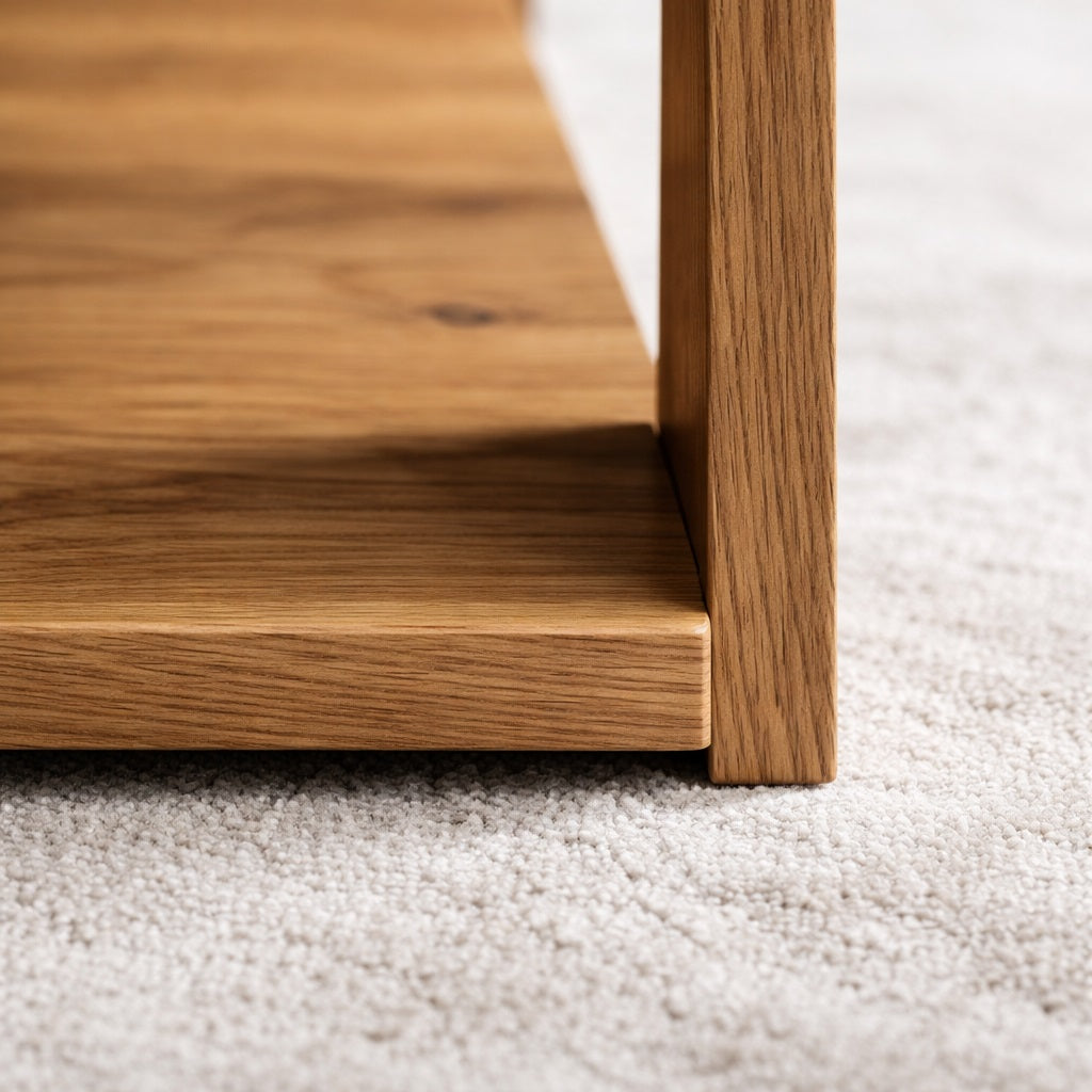 Détail de la table basse en bois montrant les chants nets et la structure robuste en chêne naturel.