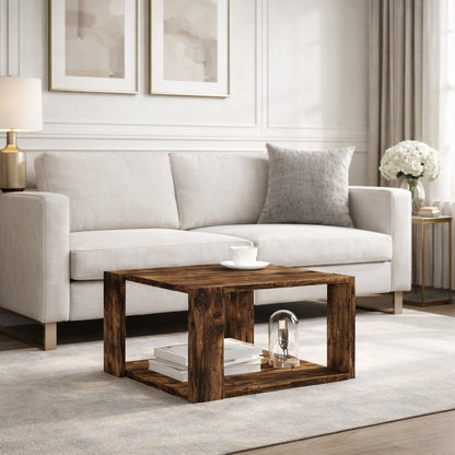 Table basse en bois foncé dans un salon élégant, idéale pour une ambiance chaleureuse et raffinée.