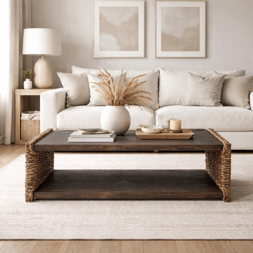 Table basse en bois au style naturel et chaleureux, intégrée dans un intérieur lumineux, parfaite table basse de salon.