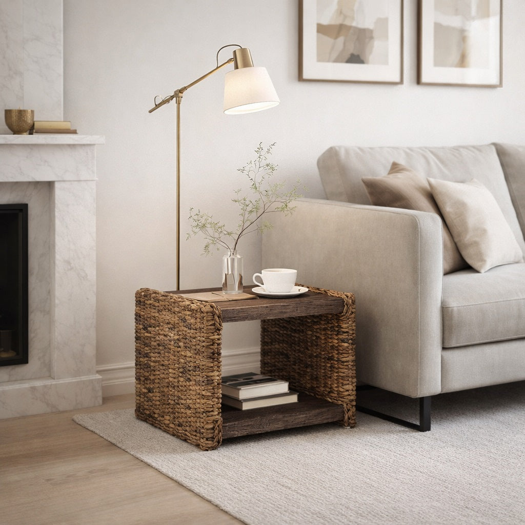 Petite table basse en bois compacte et tressée, idéale comme table basse de salon ou bout de canapé.