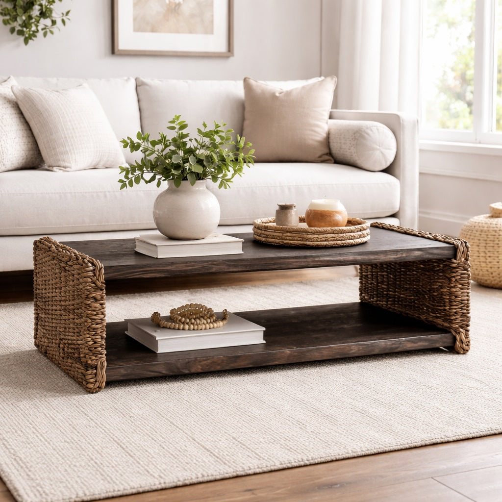 Table basse en bois au style naturel et chaleureux, intégrée dans un intérieur lumineux, élégante table basse de salon.