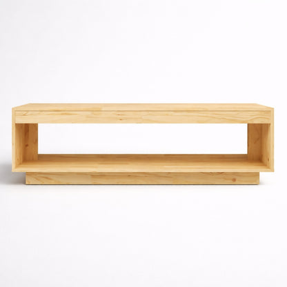 Table basse en bois Varka vue de face, lignes droites et proportions équilibrées pour un salon moderne.