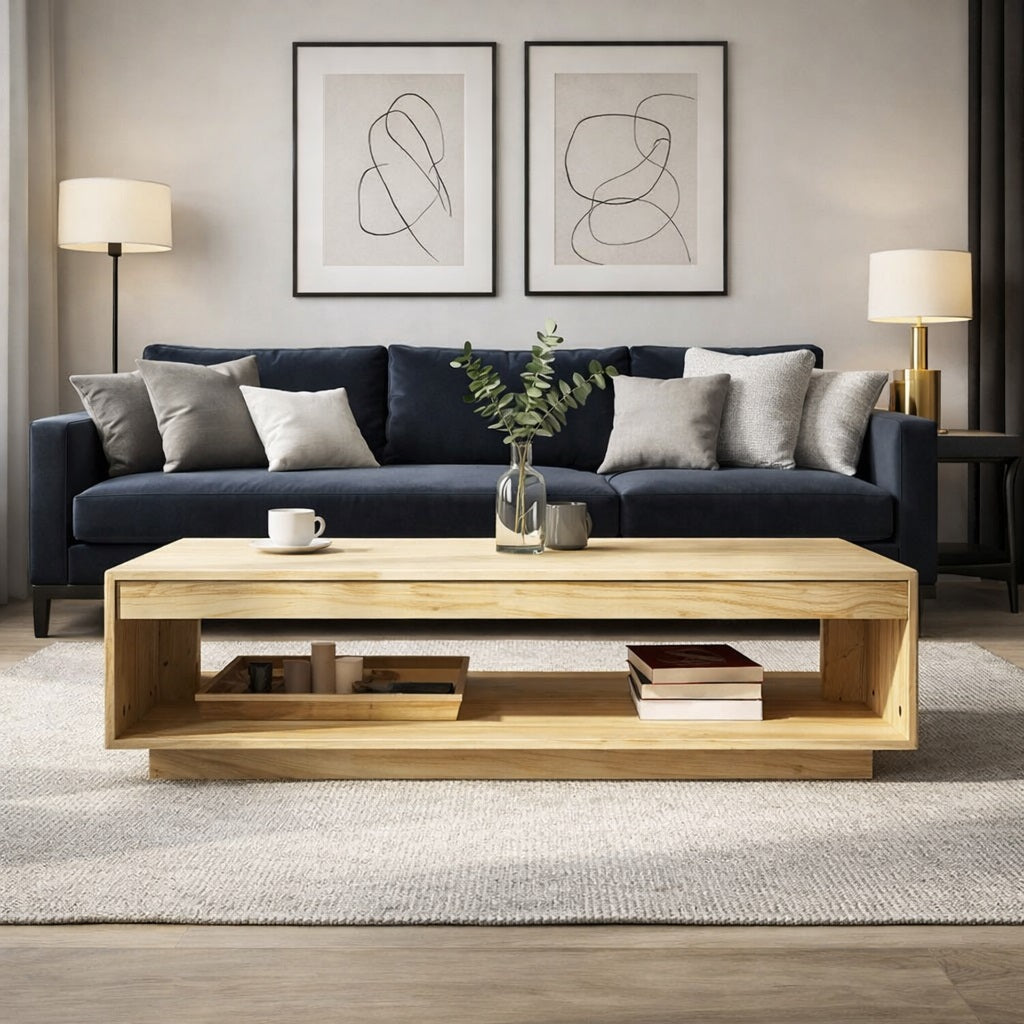 Table basse en bois Varka dans un salon design, idéale pour une table basse de salon élégante et chaleureuse.