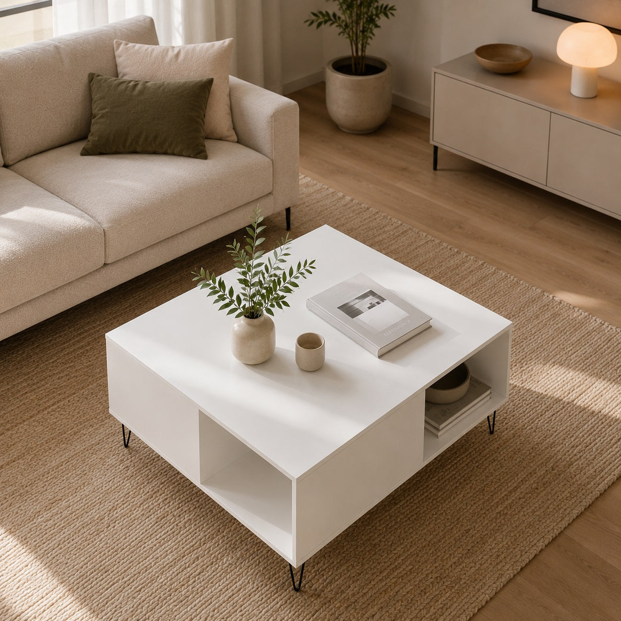 Table basse blanche design vue en légère plongée, dans un séjour scandinave lumineux aux tons naturels et chaleureux.