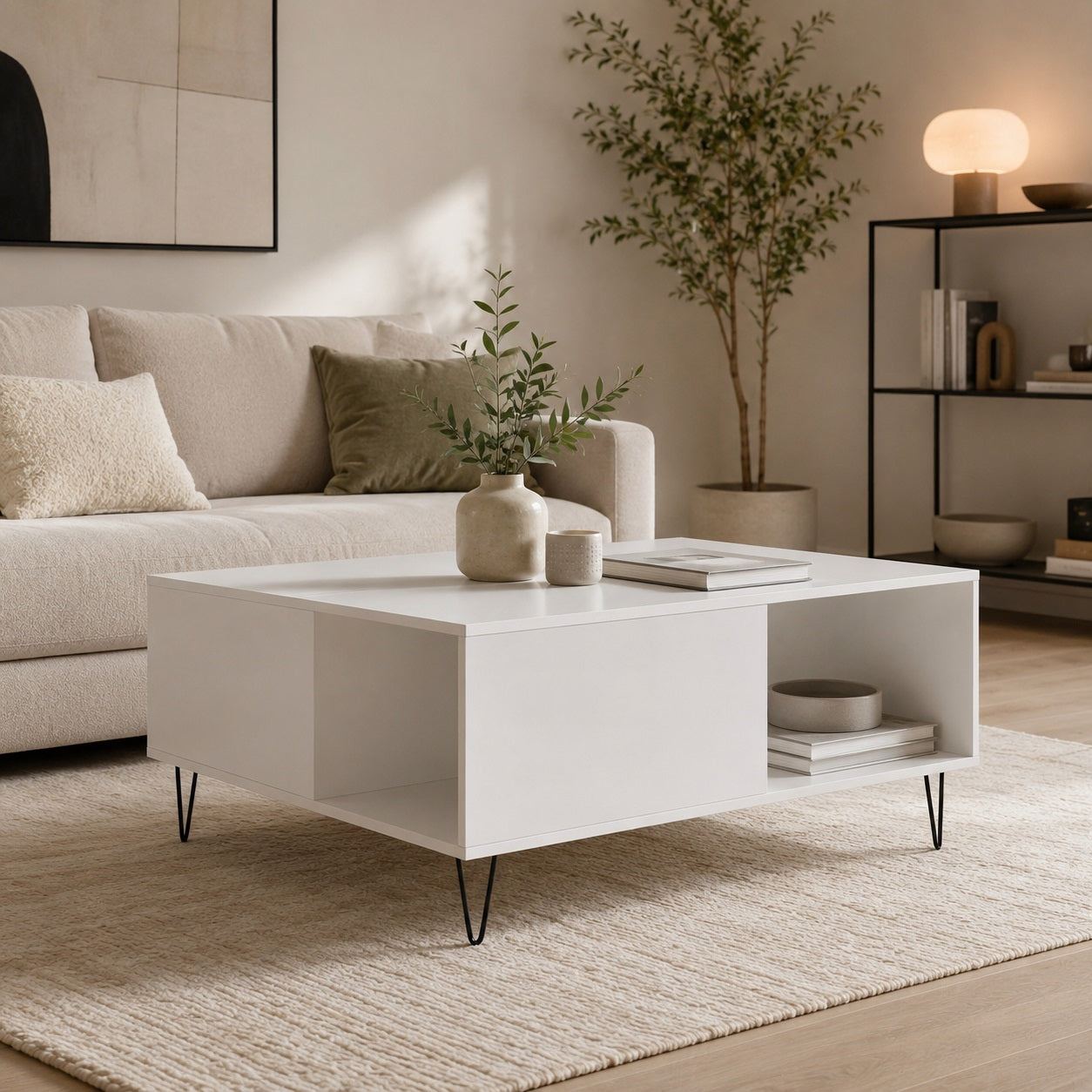 Table basse blanche design dans un séjour moderne et lumineux, avec décoration minimaliste et ambiance élégante.
