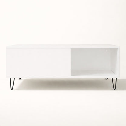 Table basse avec rangement blanche, lignes nettes et structure fonctionnelle pour une table basse de salon contemporaine.