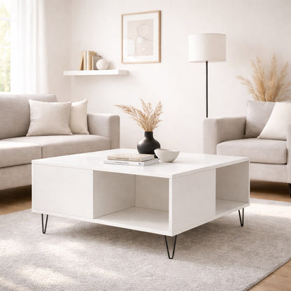 Table basse avec rangement blanche intégrée dans un salon moderne, table basse de salon élégante et fonctionnelle.