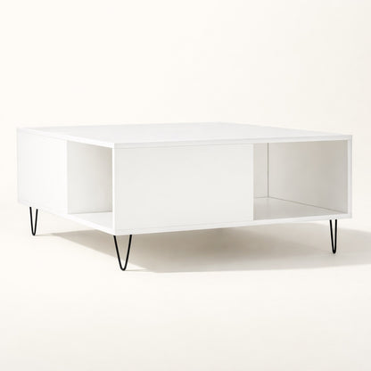 Table basse avec rangement blanche au design épuré, idéale comme table basse de salon moderne et lumineuse.