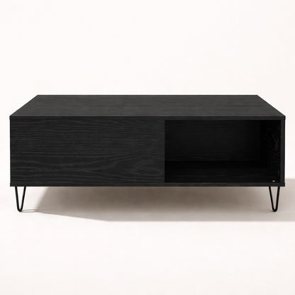 Table basse avec rangement noire, volumes équilibrés et style contemporain pour une table basse de salon.