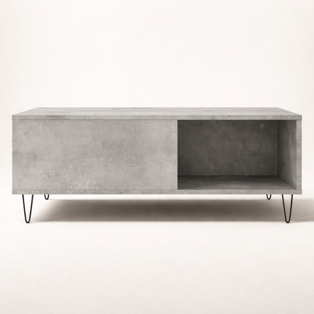 Table basse avec rangement minérale, structure ouverte et design architectural pour une table basse de salon.