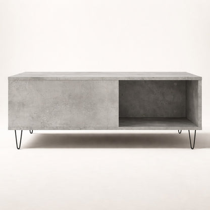 Table basse avec rangement minérale, structure ouverte et design architectural pour une table basse de salon.