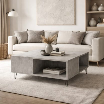 Table basse avec rangement finition minérale dans un salon lumineux, table basse de salon moderne et fonctionnelle.