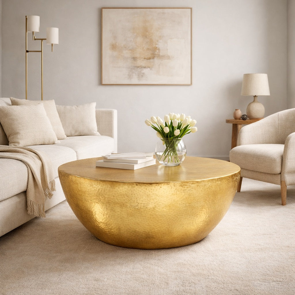 able basse ronde design en métal doré, intégrée dans un intérieur moderne et raffiné.