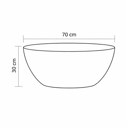 Table basse design ronde, vue technique avec diamètre 70 cm et hauteur 30 cm, silhouette douce et contemporaine.