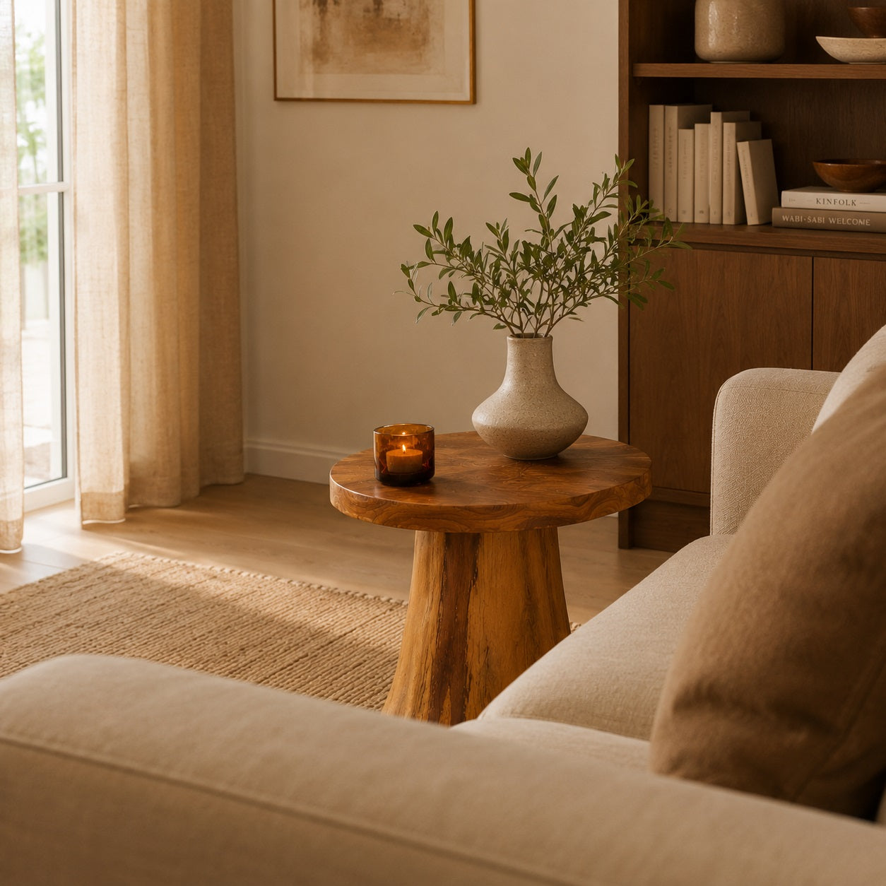 Table basse en bois design Ereno avec plateau rond massif dans une décoration salon élégante et cosy
