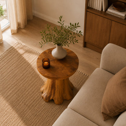 Table basse en bois design Ereno vue du dessus dans un salon lumineux aux matières naturelles chaleureuses