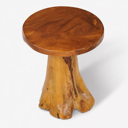 Table basse en bois design Ereno avec plateau rond en bois massif et pied sculptural organique