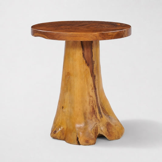 Table basse en bois design Ereno en racine sculptée naturelle avec plateau rond massif et finition artisanale
