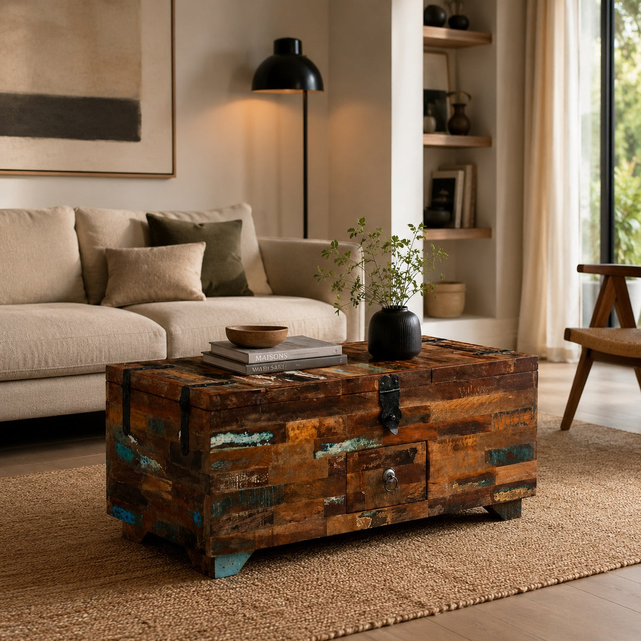 Table basse en bois Kalyo multicolore dans un salon chaleureux, parfaite comme table basse de salon authentique.