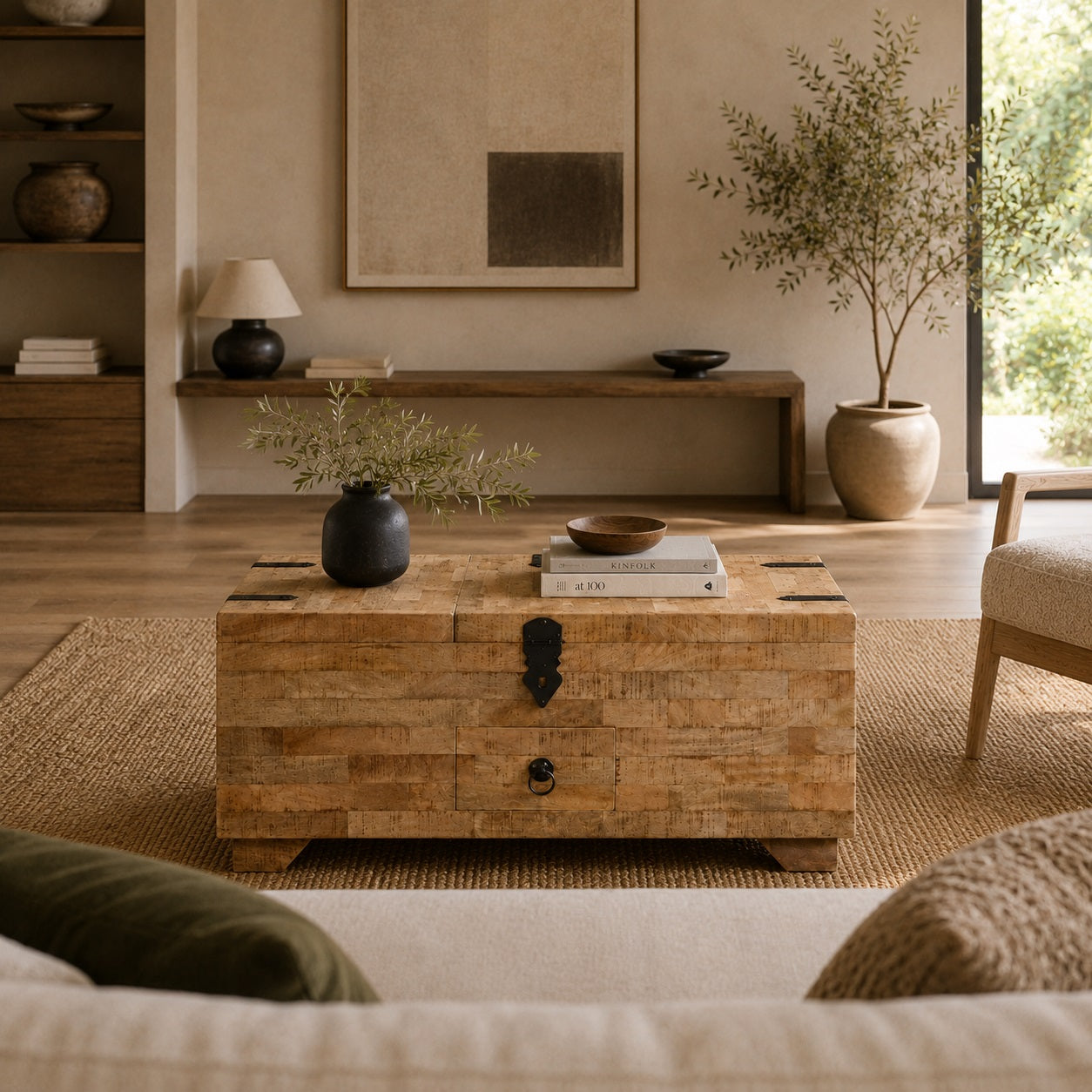 Table basse en bois Kalyo naturelle dans un intérieur contemporain, parfaite pour table basse de salon.
