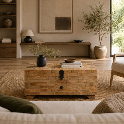 Table basse en bois Kalyo naturelle dans un intérieur contemporain, parfaite pour table basse de salon.