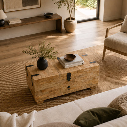 Table basse en bois coffre Kalyo avec rangement discret, idéale pour une table basse de salon élégante.