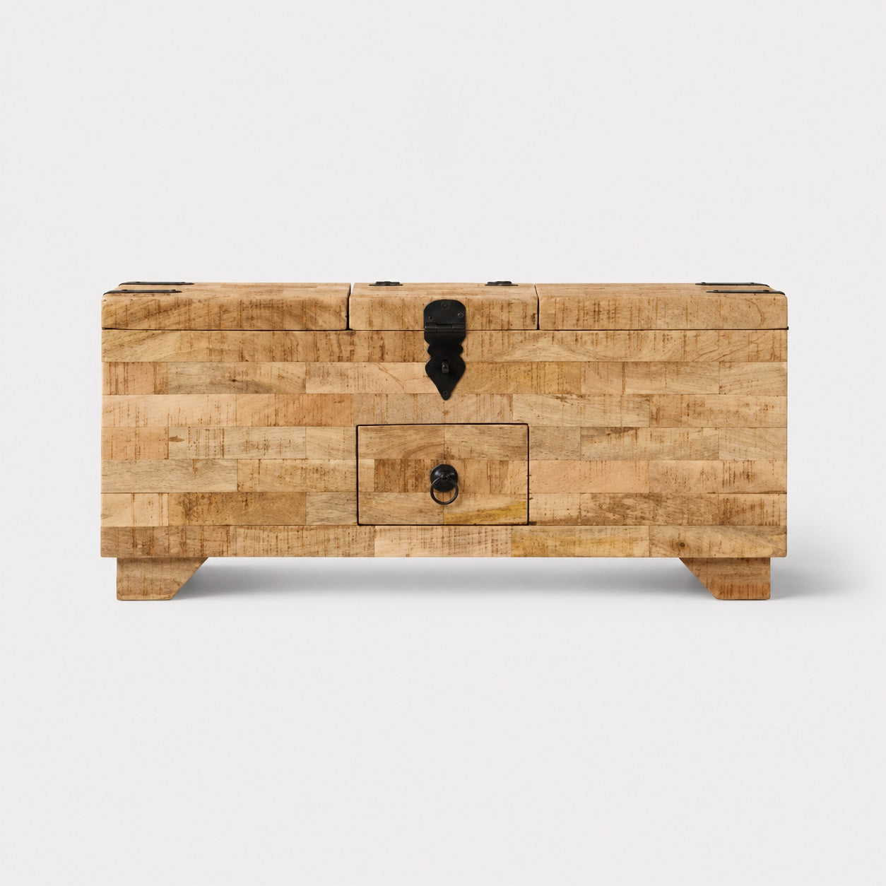 Intérieur de table basse en bois Kalyo avec coffres de rangement, idéale pour table basse de salon fonctionnelle.