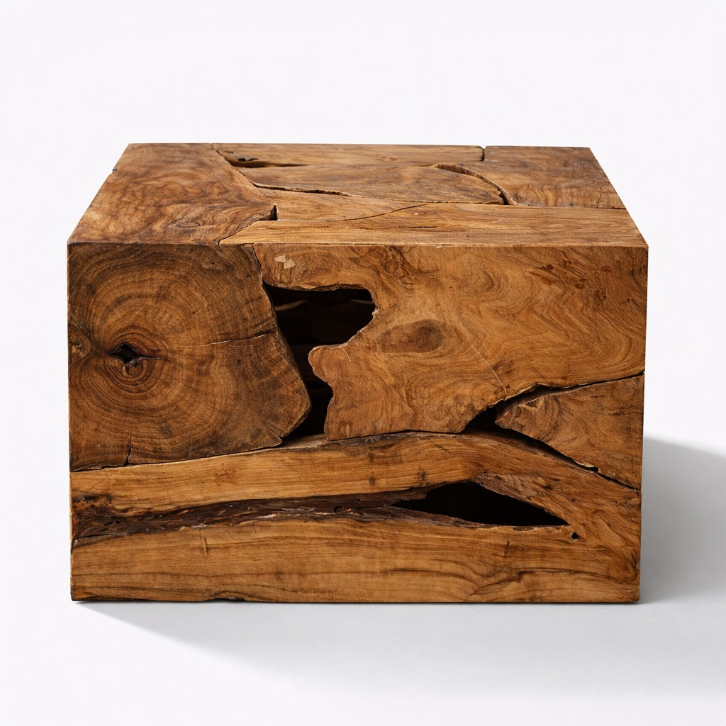 Table basse en bois de design vue de face, assemblage sculpté en bois brut avec reliefs et cavités naturelles.