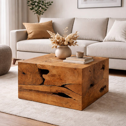 Table basse en bois de design au style brut et sculptural, pièce centrale chaleureuse dans un salon moderne.