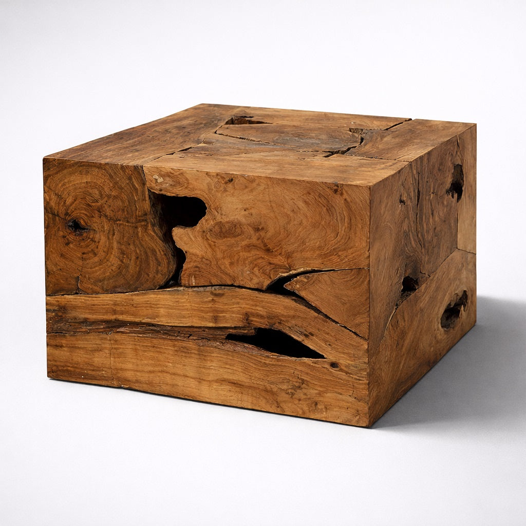 Table basse en bois de design vue 3/4, bois massif texturé et lignes sculptées pour un style unique et premium.
